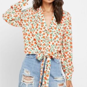 Topshop Floral White & Orange Tie Front Long Sleeve Blouse sz US 10/L